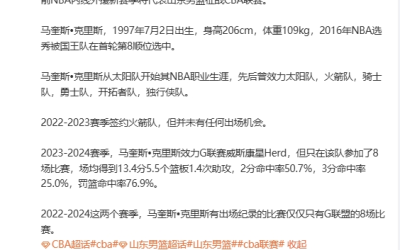 “山东男篮签下NBA首轮8号秀马奎斯-克里斯”